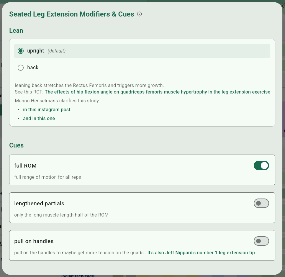 Exercise technique and tweak options interface